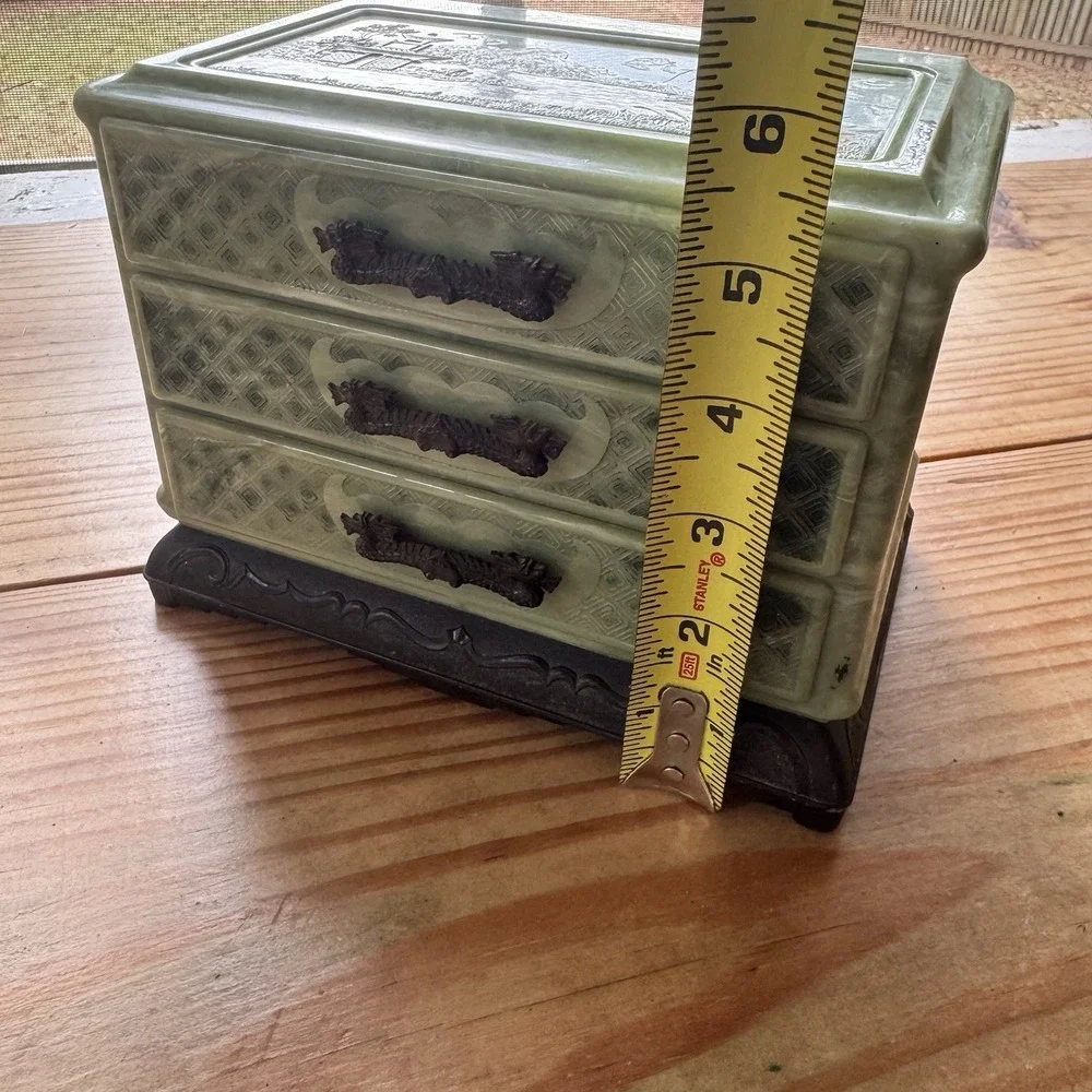 Vintage Faux Jade Chinoiserie Jewelry Box | 3-Drawer‎ Dragon Pulls | Mid Century